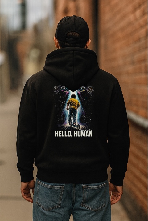 AlienScoot Hello Human UFO Scooter Hoodie – Kids & Youth Hooded Sweatshirt (Black)