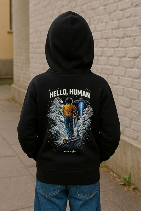 AlienScoot Hello Human Smoke Hoodie – Scooter, Skatepark, Freestyle Riders (Black)