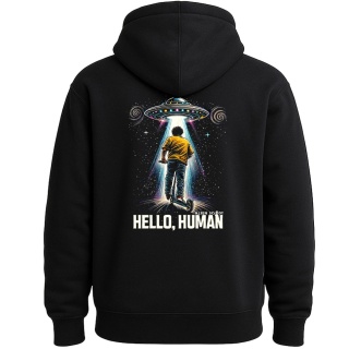 AlienScoot Hello Human UFO Scooter Hoodie – Kids & Youth Hooded Sweatshirt (Black)